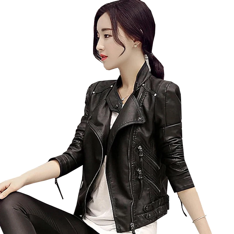 Куртка женская демисезонная на молнии из искусственной кожи с отложным