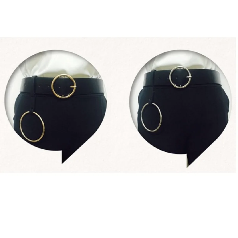 Gold Double Rings Belt For Women Leisure Faux Leather Waist Black Round Buckle Strap Waistband Cinturones Mujer Riem | Аксессуары для