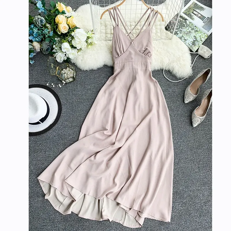 Бежевый Young Gee Boho женское повседневное летнее вечернее праздничное платье с открытой спинкой пляжное платье без рукавов сексуальное с v-образным вырезом Спагетти ремень Длинные платья макси - Цвет: Бежевый