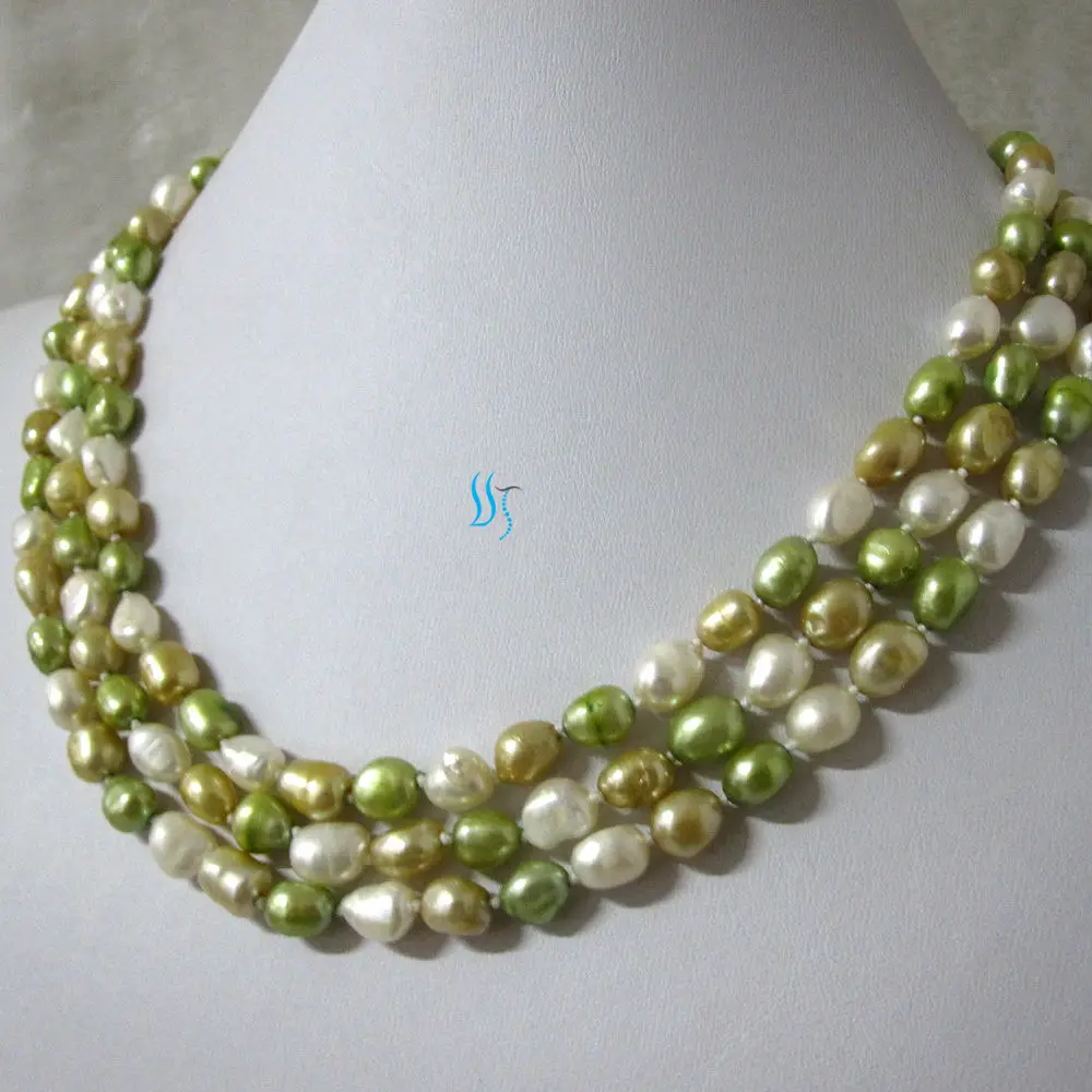

Long 48" 8-10mm 3color White Champagne Green Baroque Freshwater Pearl Necklace