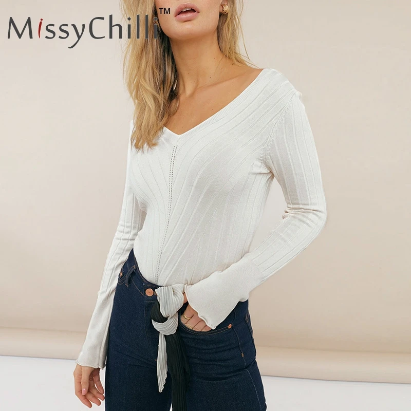 MissyChilli Knitting bodycon long sleeve summer sweater Women v neck soft solid pullover Female sexy white slim fitness jumper | Женская