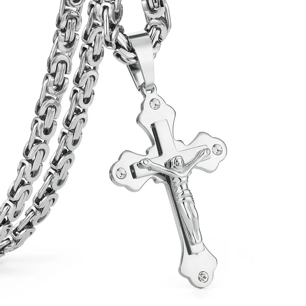 Silver Color Позолоченная цепочка из нержавеющей стали, Кристальный Крест Иисуса, ожерелье с подвеской, s звено цепи, мужское ожерелье, длинная цепочка gouden ketting MN69 - Окраска металла: Silver Color