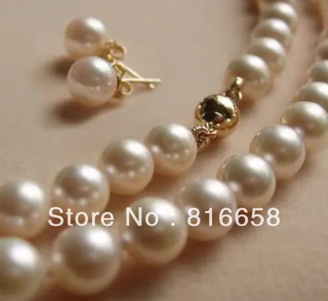 

Free shipping@@8MM White shell Pearl Necklace + Earring AAA 18''