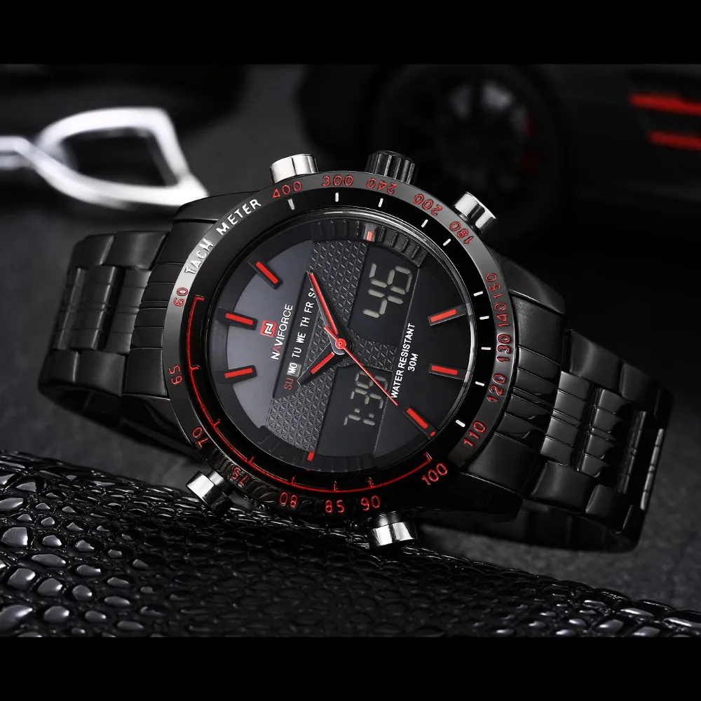 NAVIFORCE мужские спортивные кварцевые часы светодиодный цифровые часы ремешок из нержавеющей стали водонепроницаемый люксовый бренд платье мужские часы с двумя дисплеями