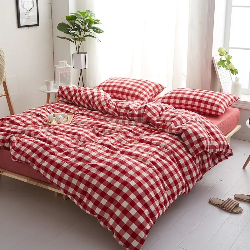 Solstice Home Textile Red Plaid Lattice Duvet Cover Pillowcase Flat Bed Sheet Nordic Simple Cotton Girls Bedding Linens Set Full | Дом и сад