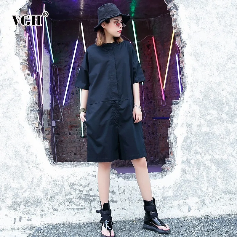 VGH Summer Black Trousers For Women Playsuits Short Sleeve Loose Casual High Waist Women's Clothes Fashion Tide New | Женская одежда