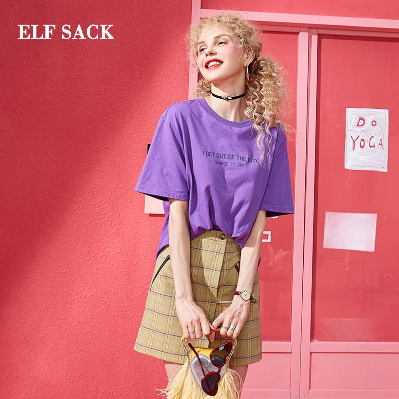 ELFSACK, новинка, стильные женские комплекты, Catton, повседневный женский костюм из двух частей, с круглым вырезом, с буквенным принтом, футболка и выше колена, женские юбки