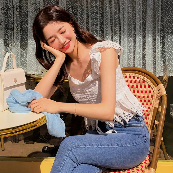 

hollow out lace crop tops v-neck short sleeve bow shirts Women's Clothing fashion brand Korean blouses white tops moda feminina
