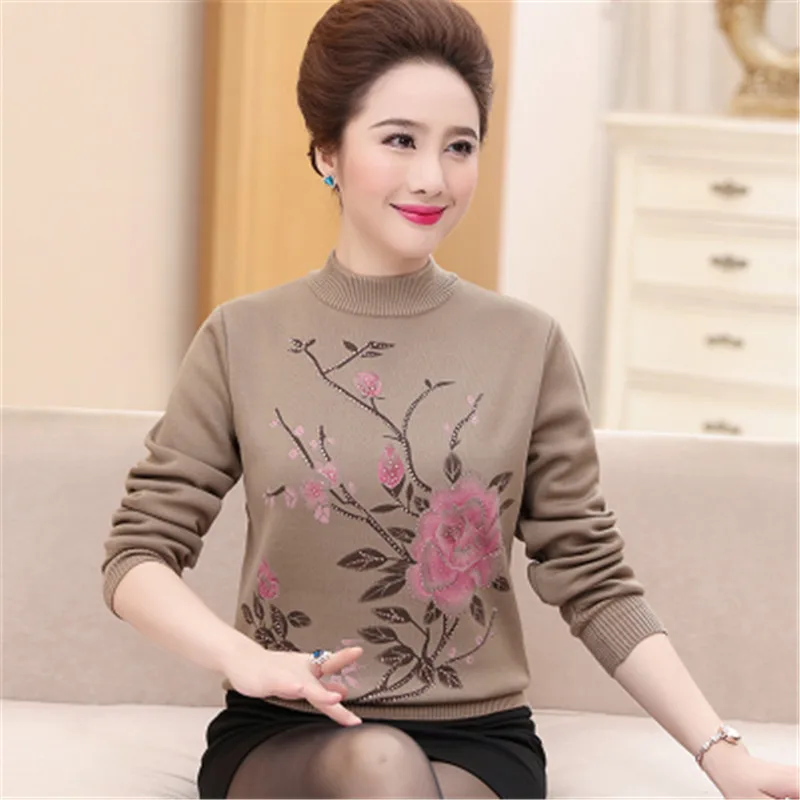 Women Autumn Winter Knit Sweater Bottoming shirt Flocking Warm Middle aged Female Pullover Plus size Diamond Sweaters OKXGNZ1299 | Женская
