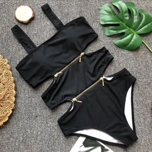 2018 Sexy Women One Piece Black White Zipper Bathing Suits Monokini Push Up Padded Bikini Swimsuit Swimwear | Спорт и развлечения