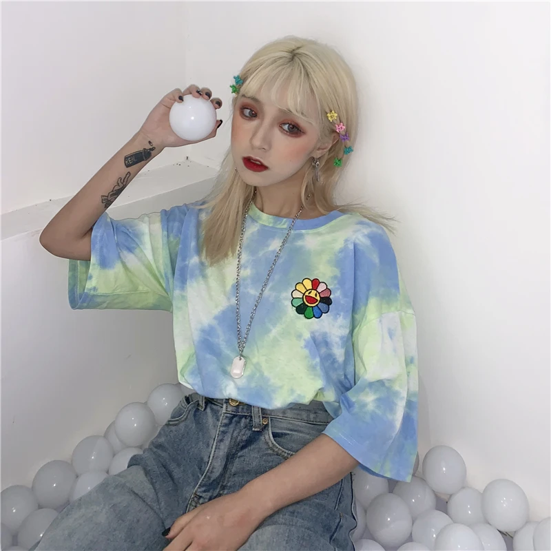 Модная футболка женская летняя одежда корейский стиль Ulzzang Harajuku Цветочные Emboridery галстук окрашенная Футболка женская Повседневная рубашка Топ