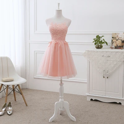 Light Pink short Robe de soiree, розовое, на шнуровке, с аппликацией, длинное платье, элегантное, вечернее платье, официальное, для невесты, свадьбы, банкета, с круглым вырезом, вечерние платья - Цвет: Light Pink short