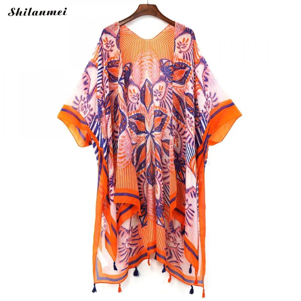 1 Разноцветное кимоно с цветочным принтом Mujer bluse Feminino Летний Пляжный длинный кардиган Женская винтажная блуза Boho Топ кимоно Женская рубашка - Цвет: 1