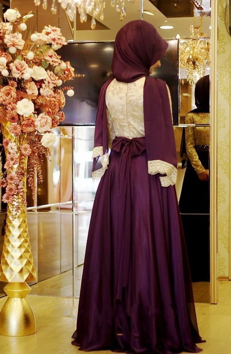 

Elegant Muslim Long Sleeves Vestidos O-Neck Floor-Length Beaded Satin Formal Party Dress Appliqued Pattern A-Line Evening Dress