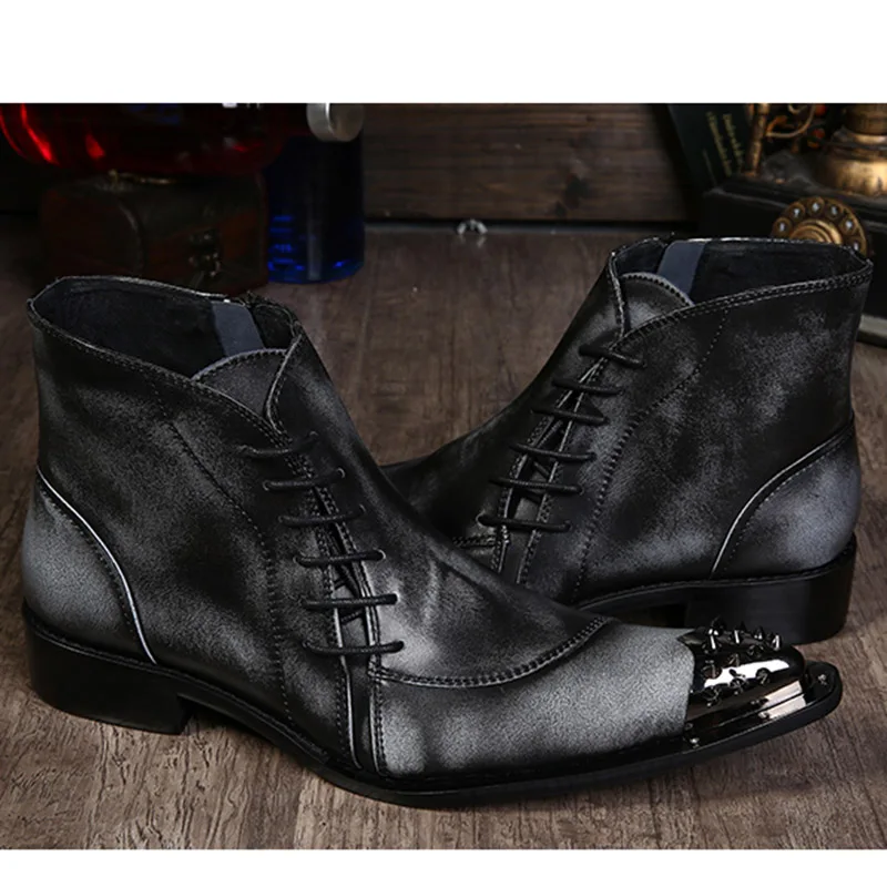 Batzuzhi Luxury Mens Leather Shoes Fashion Designer Metal Toe Lacing Up Grey Short Ankle Boots For Man Size 38-46 |
