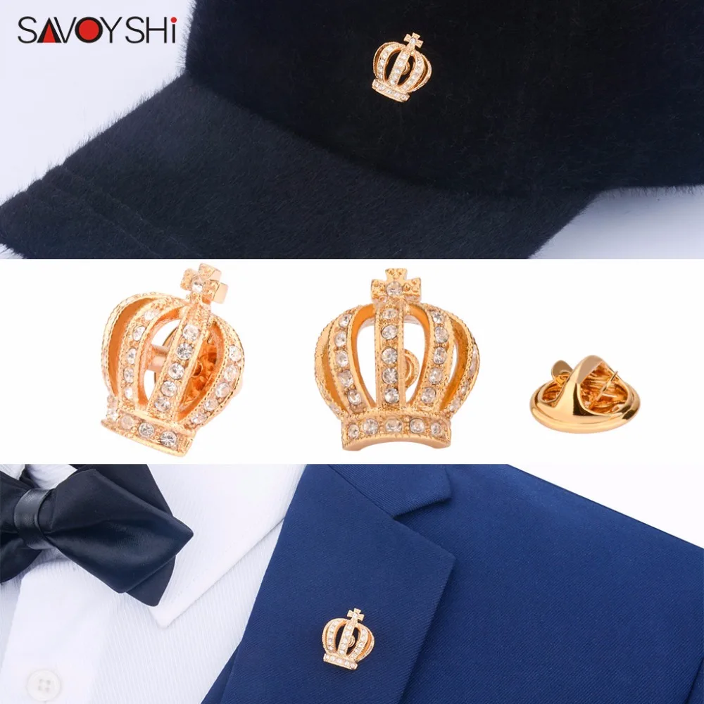 

SAVOYSHI Crystal Crown Brooch Pins Women Dress Brooches for Men Gold Collar Pin Brooches Fashion Jewelry Party Engagement Gift