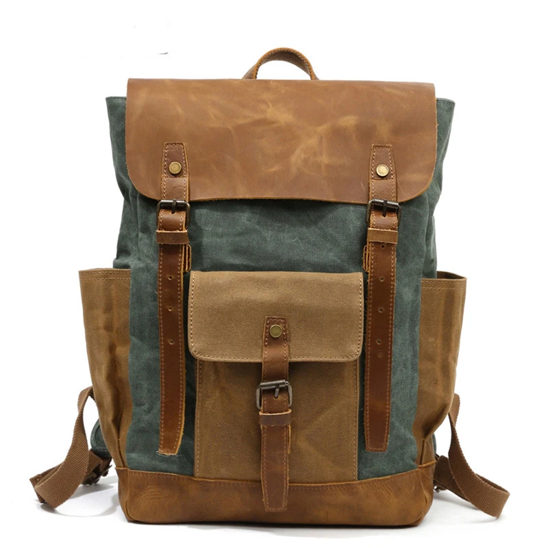 Women Backpack Retro Contrast Oil Wax Waterproof Canvas Bag Travel Backpack Computer Schoolbag Large Capacity