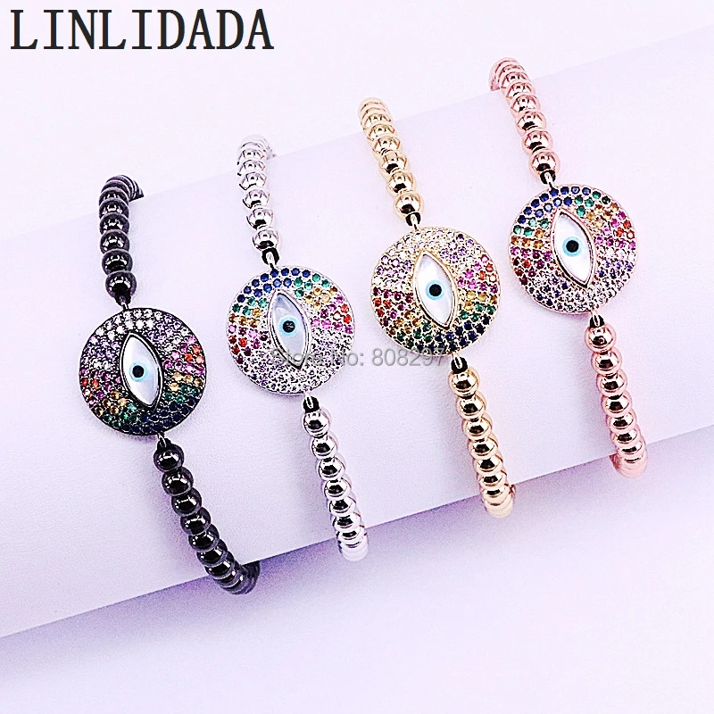 

New Arrival 8Pcs Handmade Micro Pave CZ Shell Eye Bead Charm & 4mm Round Beads Braided Macrame Bracelet Jewelry