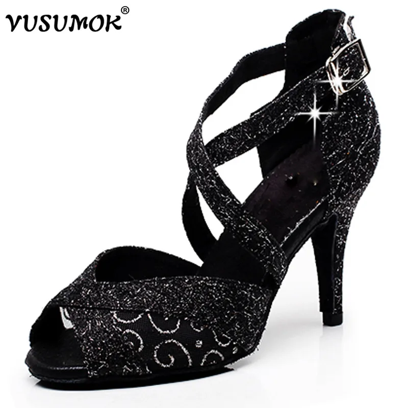 VUSUMOK Modern velvet net Women Latin Dance Shoes Girls Tango Salsa Open Toe Square Lace Heels Plugs size 33-43 | Спорт и