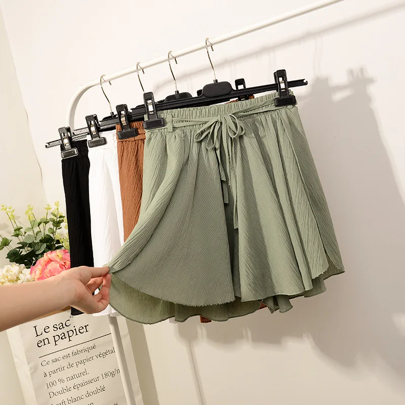 

2019 New Summer Fashion Soft Chiffon Shorts Women Ruffles High Loose Shorts Elastic Waist Bow Sashes Solid Shorts