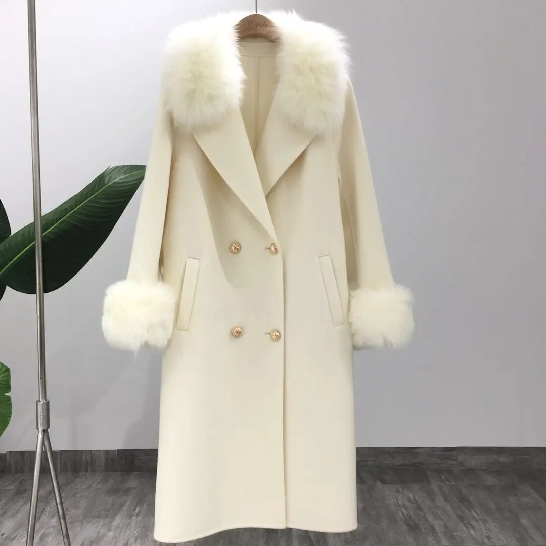 Бежевый OFTBUY пальто с натуральным мехом, зимняя женская куртка, воротник из натурального Лисьего меха, кашемировая шерсть, длинная верхняя одежда, женская уличная одежда - Цвет: Бежевый