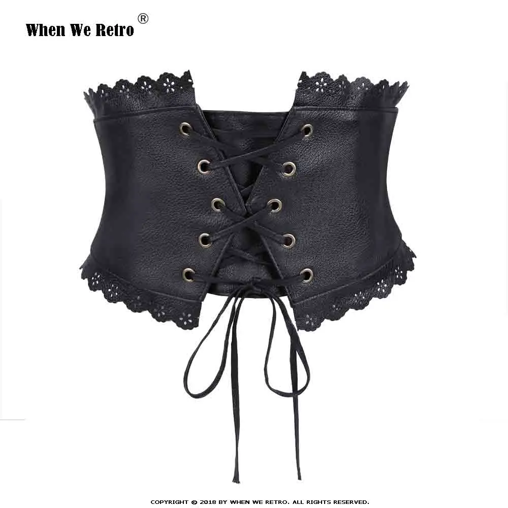 When We Retro Vintage Hollow Carved Design Leather Belt Women Black Wide Stretch Elastic Cinch Waist Trimmer Belts VB0013 | Аксессуары