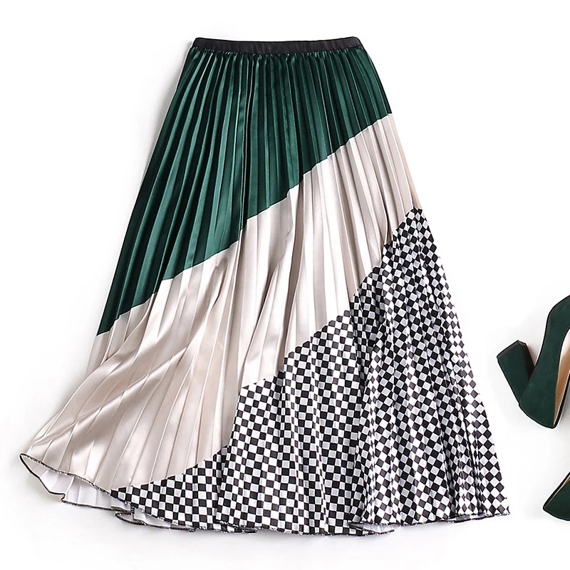 Женская плиссированная юбка Trytree Лоскутная клетчатая в полоску до середины икры