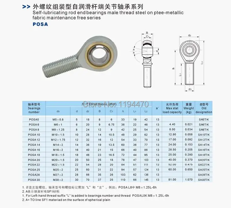 

4pcs/Lot 16mm Male Right Hand Thread Rod End Joint Bearing Metric Thread M16x2.0mm SA16T/K POSA16 M16