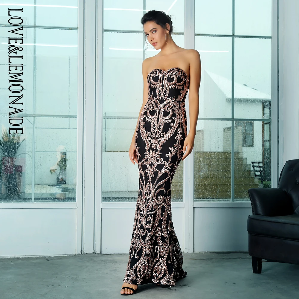 Женское длинное платье LOVE & LEMONADE розовое золото в форме рыбий хвост с блестками на