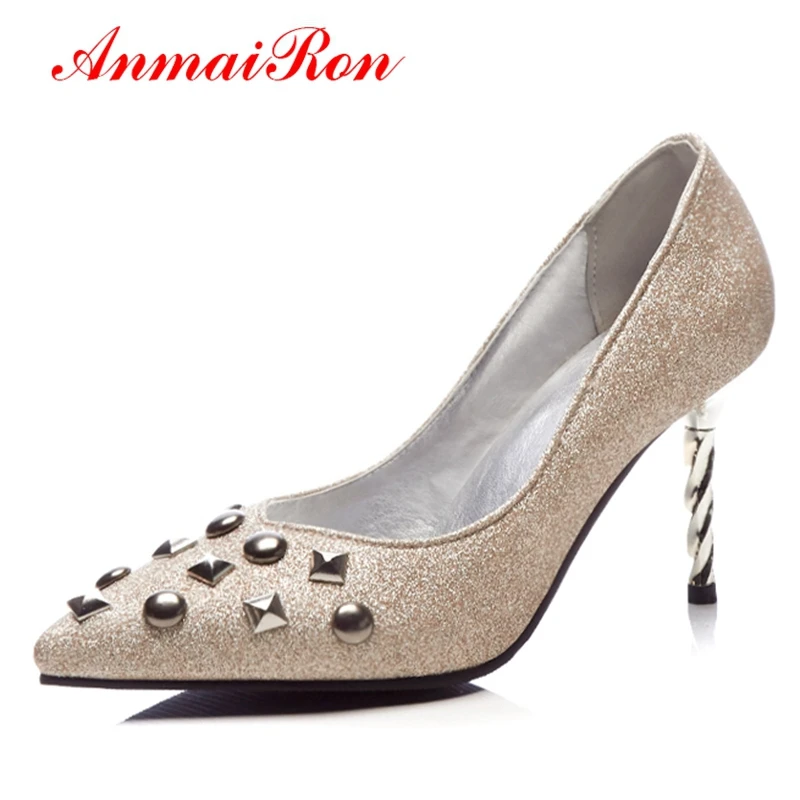 

ANMAIRON Mary Janes Pointed Toe Shoes Woman High Heel Sequined Cloth Rivet High Heels Size 34-39 LY354