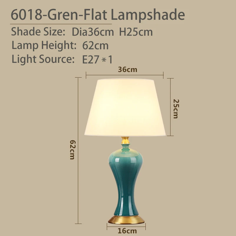 6018-Green-Flat Медная настольная лампа для спальни, прикроватная лампа, Цзиндэчжэнь, керамическая лампа, роскошная, для гостиной, украшенная светодиодными лампами - Цвет абажура: 6018-Green-Flat