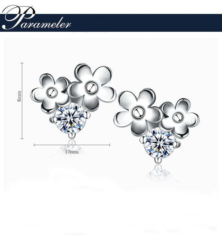 Модные женские серьги гвоздики серебристого цвета с кристаллами и двойным