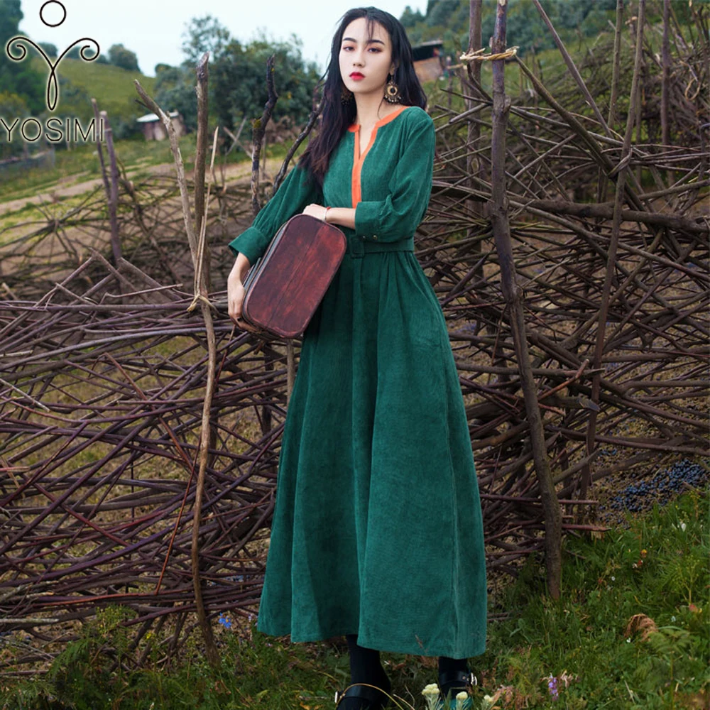 Женское длинное платье YOSIMI винтажное вельветовое до щиколотки с треугольным