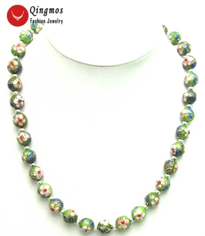 

Qingmos Green Cloisonne Chokers Necklace for Women with 12mm Black Round Cloisonne & Green Flower 20" Necklace Fine Jewelry-5382