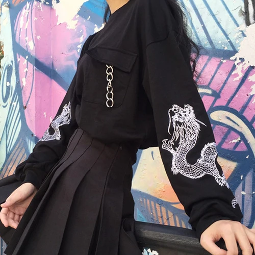 Черный Женская одежда ulzzang, Корейская уличная одежда, Харадзюку, осенняя, с карманами, с цепочкой, с вышивкой дракона, с длинным рукавом, свободные толстовки, свитшоты - Цвет: Черный