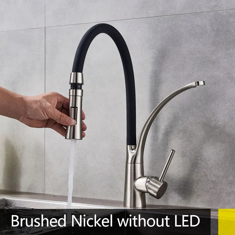 brushed no led Suguword, кухонные смесители с резиновым дизайном, хромированный смеситель для кухни, кран с одной ручкой, выдвижной кран на бортике для раковины - Цвет: brushed no led