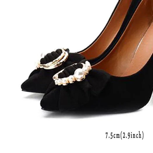 black heel 7.5cm 3 дюймовый Scarpin металл жемчужный галстук-бабочка высокие каблуки скидка милая насосы замша 10 42 Размер 33 розовый Плюс размер Указательный палец Женская обувь платье мода зима Китай китайская новая - Цвет: black heel 7.5cm
