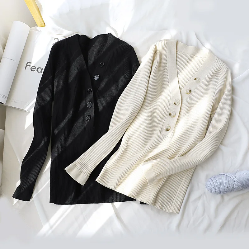 womens top Cotton kintting long sleeve V-neck sweater blended all match tee white black n t shirt women bts | Женская одежда