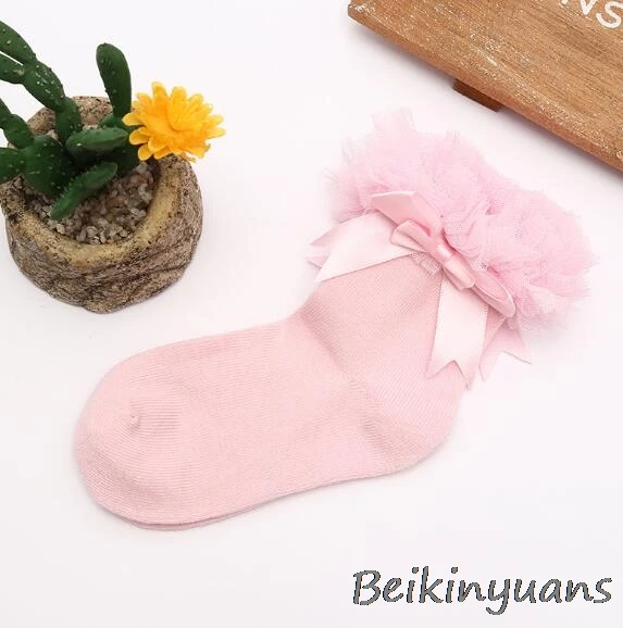 Light pink Короткие кружевные носки принцессы с цветочным принтом и бантиком для маленьких девочек хлопковые короткие носки с оборками - Цвет: Light pink