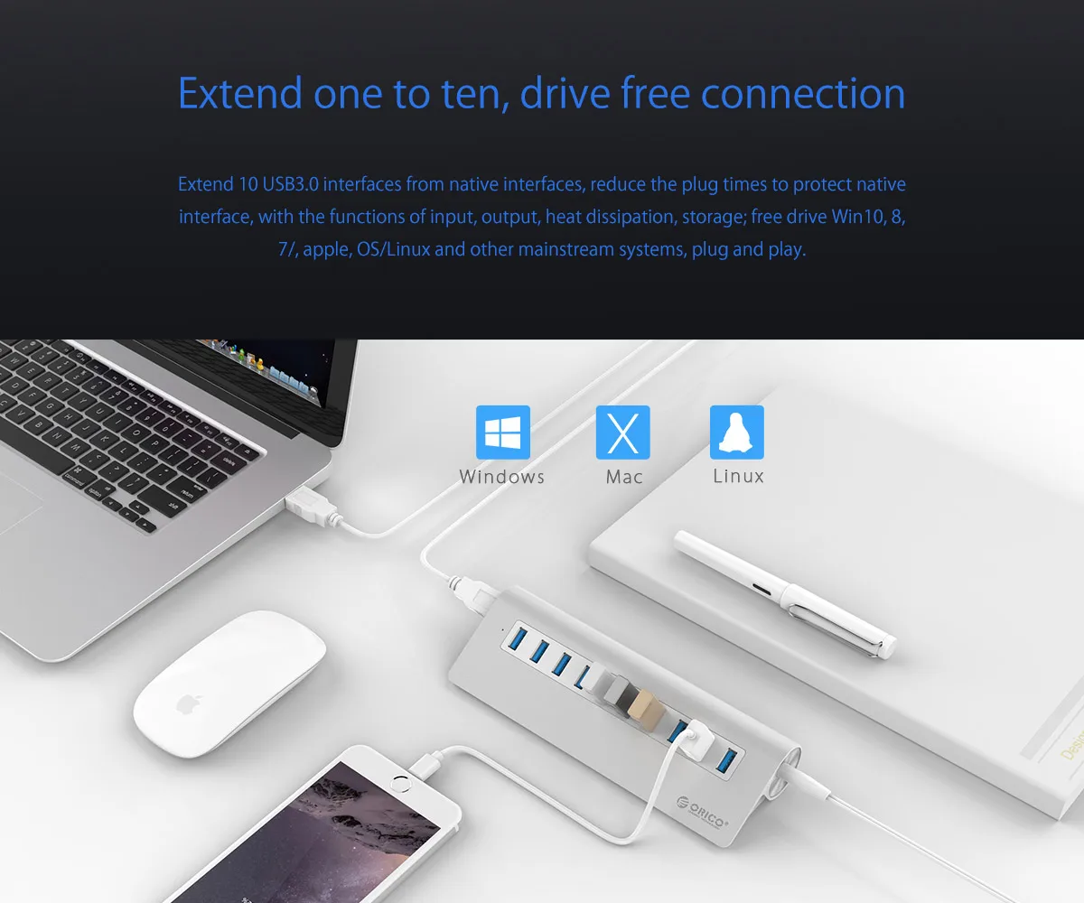 Алюминиевый сплав 10 портов USB3.0 концентратор ABS 5 Гбит/с концентратор OTG USB разветвитель для Apple Macbook Air ноутбук ПК планшет, M3H10-U3