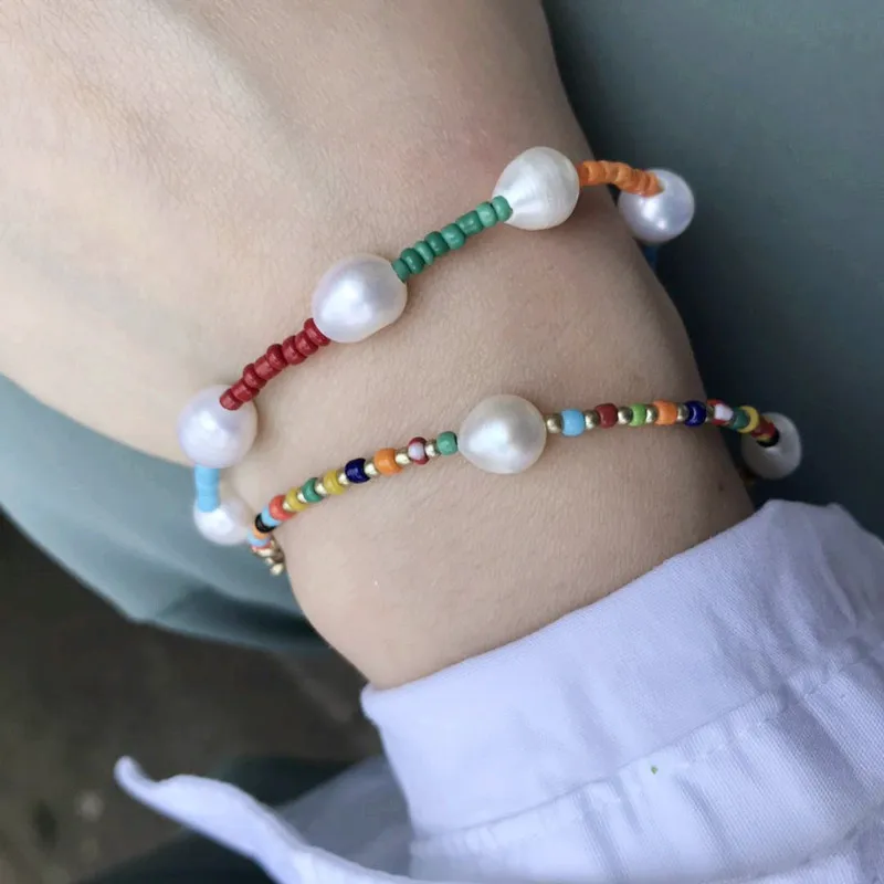 Женские браслеты ручной работы из натурального пресноводного жемчуга радужные