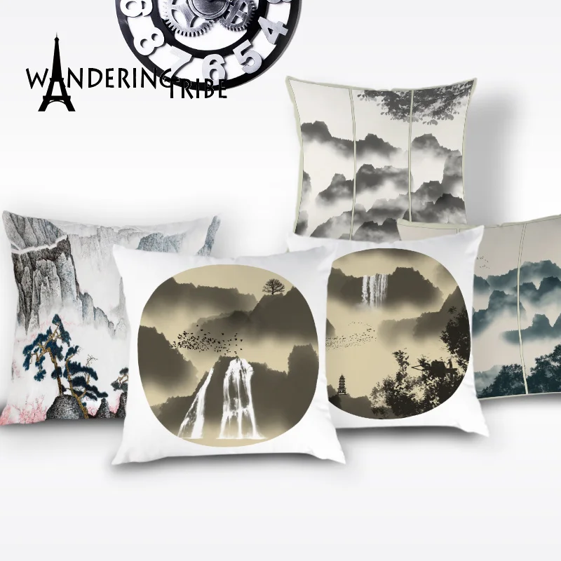 

Scenic Cushion Cover Retro Decorative Cushions for Sofa Ink Landscape Paint Throw Pillow Case Lotus Print Flax Pillows Cover