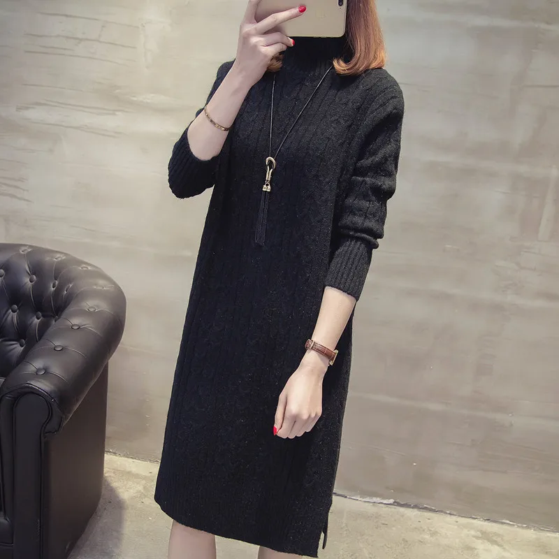 

Long Section Half High Collar Pullover Knit Dress 2018 Autumn Winter New Long Sleeve Female Loose Plus Size Sweater Dress LQ386