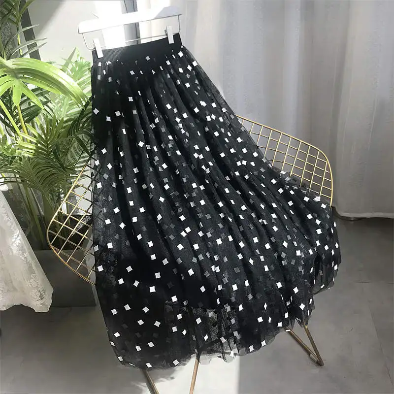 Весна лето женская юбка из тюля Jupe Femme сетка Boho длинная Плиссированная Юбка черно