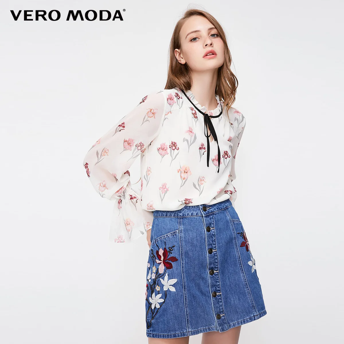 Eggnog Vero Moda новые женские цветочные узоры расклешенные рукава Шифоновая Блузка Топы | 318351502 - Цвет: Eggnog