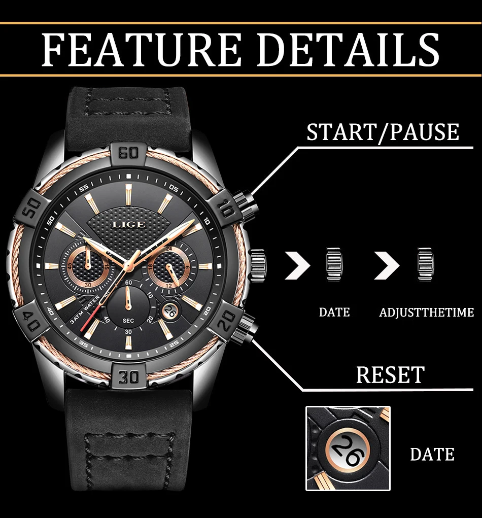 Horloges Mannen LIGE мужские модные повседневные водонепроницаемые кварцевые часы с кожаным ремешком, мужские часы от ведущего бренда, роскошные спортивные часы с хронографом