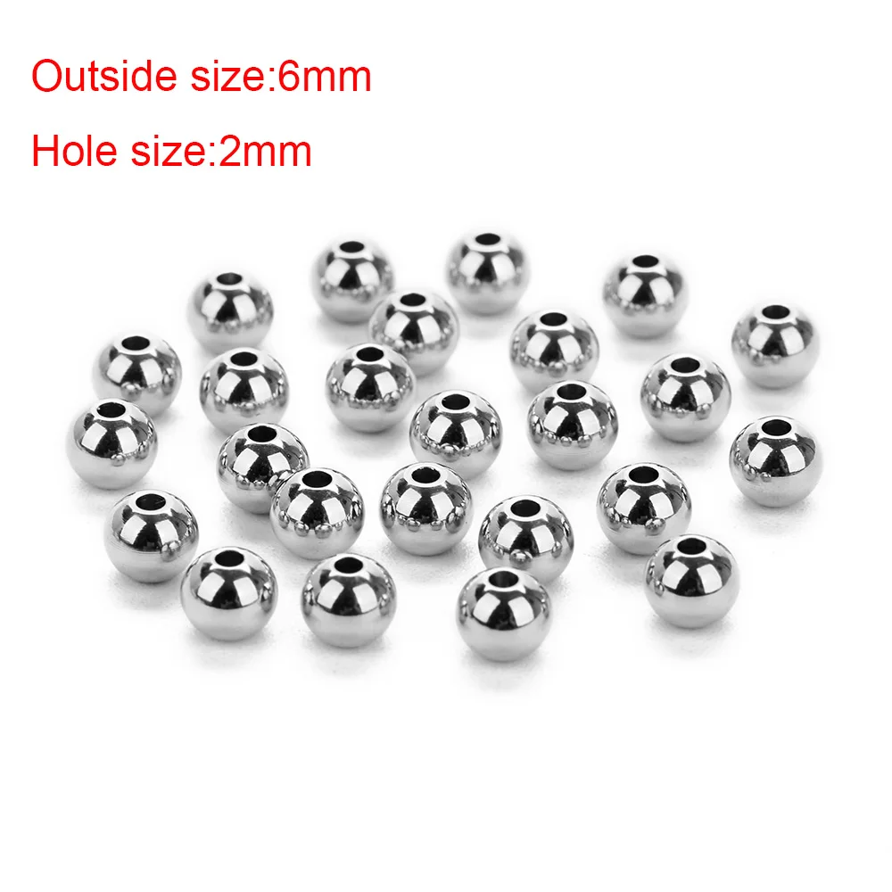 6mm with 2mm hole 50 шт./лот 304 круглые бусины серебристого тона из нержавеющей стали 2, 3, 4, 5, 6, 7, 8 мм с большим отверстием, европейские бусины для ювелирных изделий своими руками - Цвет: 6mm with 2mm hole
