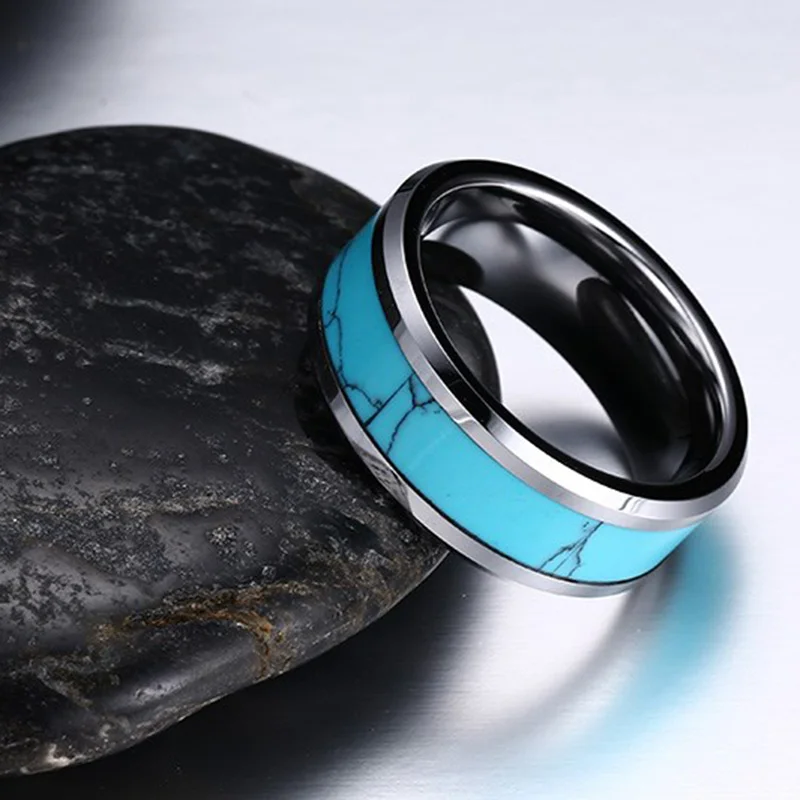 8mm Classic Simple Design Tungsten Rings Men Blue Turquoises Natural Stone For Male Charm Party anillos mujer | Украшения и