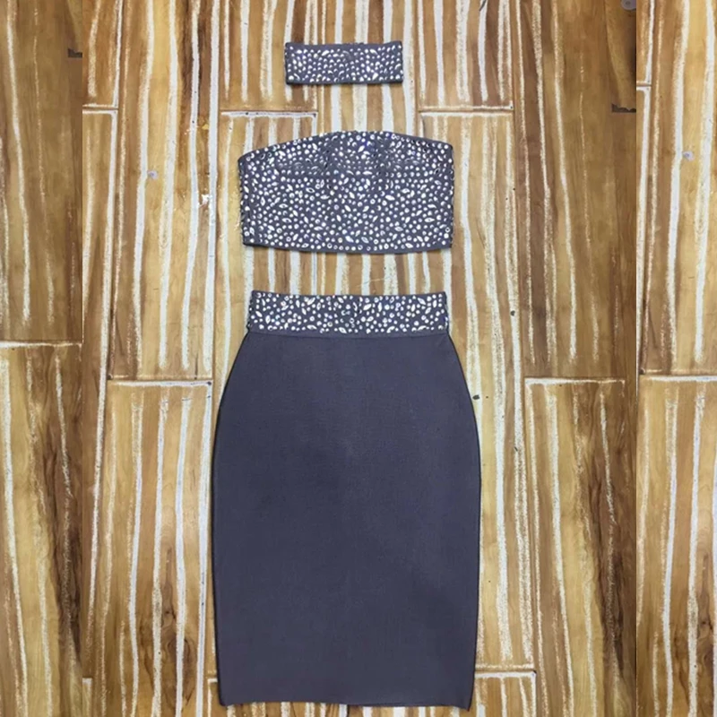 

2018 Fashion 3 Pieces Set Grey Bandage Dress Strapless Halter Sexy Elegant Chic Summer Backless Solid Beads Bodycon Vestidos