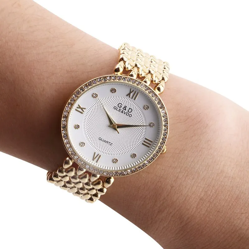 2017 Модные женские золотые нарядные часы Роскошные повседневные Часы Дамские